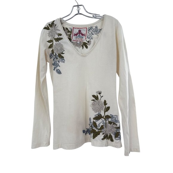 Johnny Was Tops - Johnny Was Los Angeles Ivory Embroidered Floral V-Neck Top Womens S